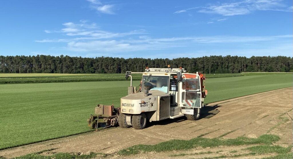 Die Schälung von Rollrasen erfolgt im Sommer in den frühen Morgenstunden, um die Kühle der Nacht in die Rollen einzuwickeln. Dadurch kann man Rollrasen im Sommer verlegen.
